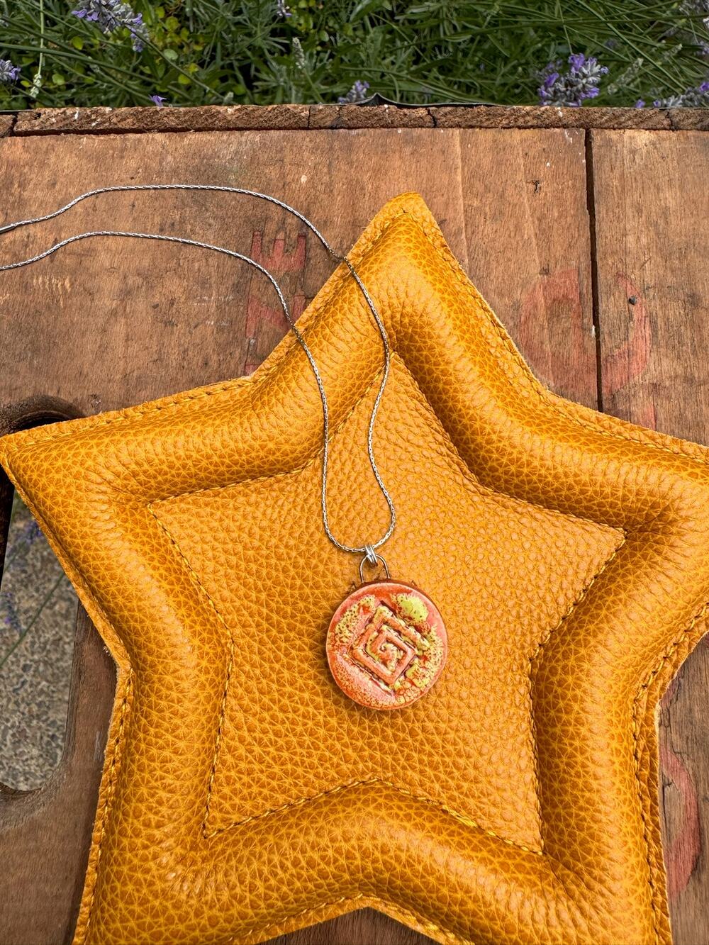 Boho Round Pendant Necklace Orange Yellow Jewelry Boho Pottery Necklace